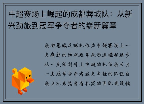 中超赛场上崛起的成都蓉城队：从新兴劲旅到冠军争夺者的崭新篇章